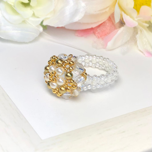 クリスタルパールのドームリング〜クリーム×ゴールド〜【ビーズ