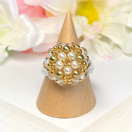 クリスタルパールのドームリング〜クリーム×ゴールド〜【ビーズ