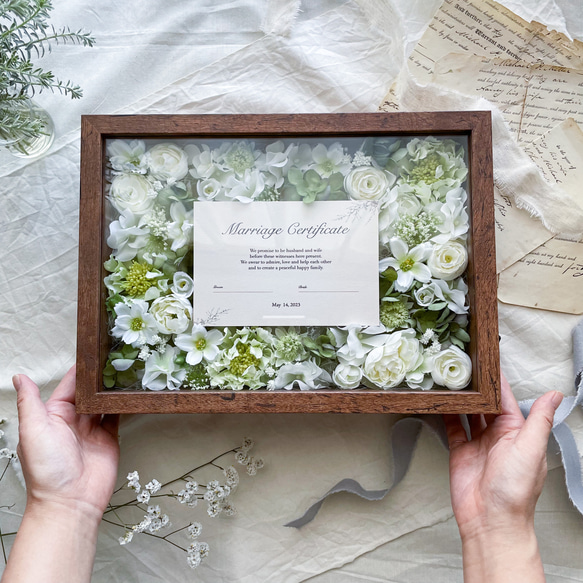 ゲスト参加型結婚証明書（グリーン）　　アーティフィシャルフラワー　結婚証明書 1枚目の画像