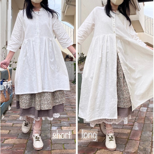 羽織りにもなるリネンの5分袖ワンピ♪ニコニコボタンのリネン