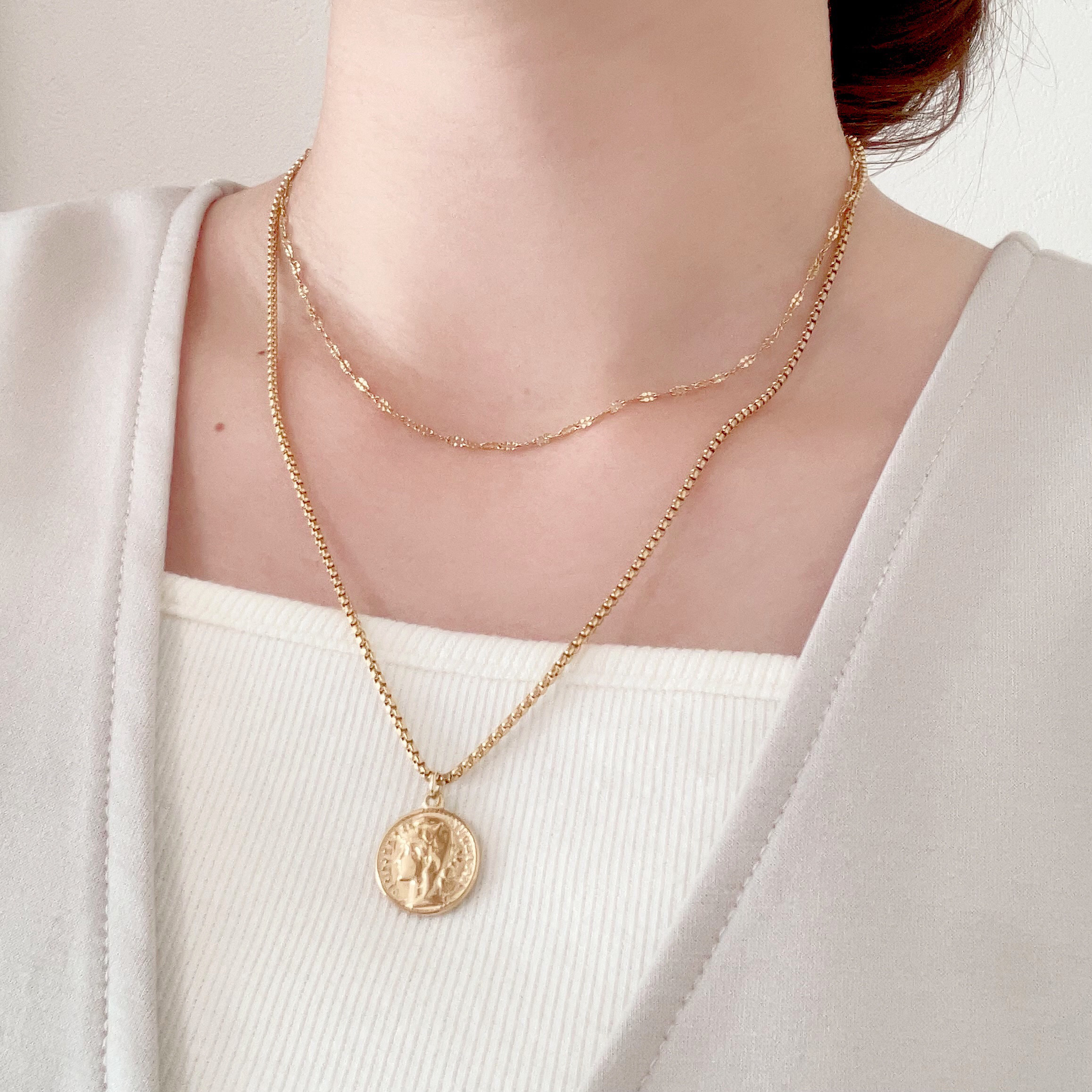 長さ変更可！コインネックレスとペタルチェーンネックレスのセット/重ね付け　シンプル