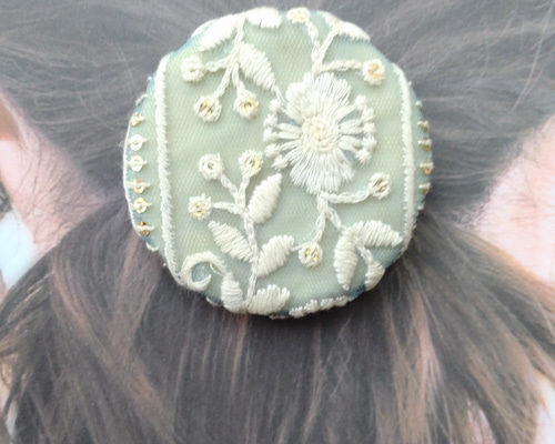 インド刺繍リボンの髪飾り 丸形 ヘアゴム/ポニーフック/バレッタ