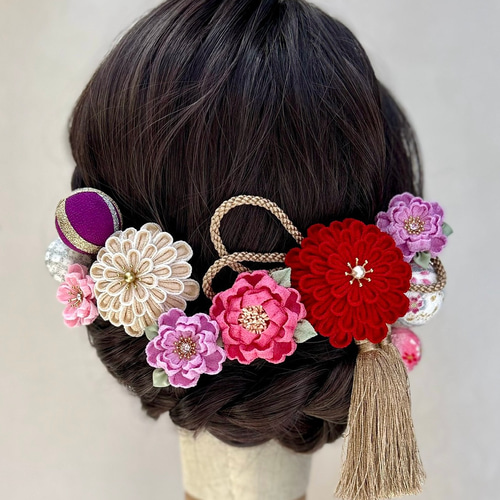 つまみ細工 和装髪飾りUピンセット 紅色 エンジ ベージュ 紫 ローズ  