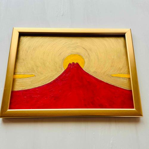 縁起物　壁掛け　絵画 縁起物絵画「赤富士」横・特大・原画・油彩絵画・壁掛け・額装