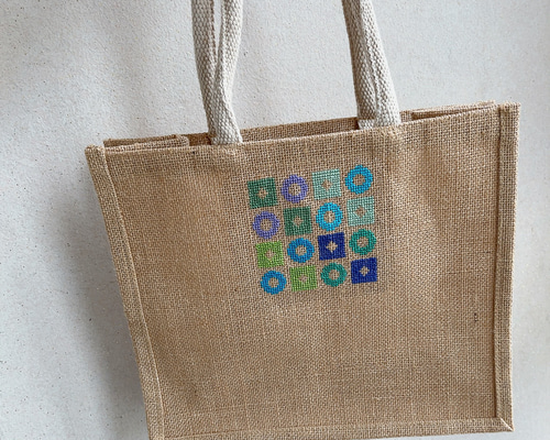 B5ジュートバッグ☆ 丸四角 こぎん刺し 両面刺繍 トートバッグ
