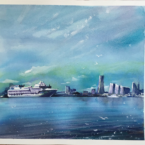横浜港 横浜 海 豪華客船 船 空 かもめ ランドマークタワー 水彩画 