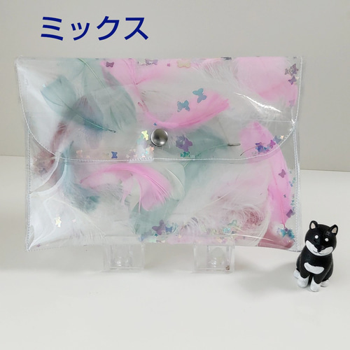 羽根入り 透明ポーチ クリアポーチ PVC クラッチバッグ ピンク