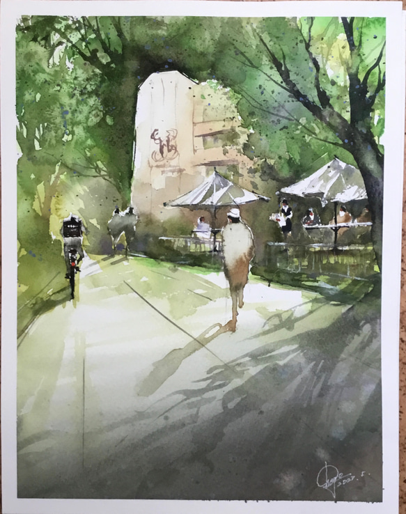 HIBIYA PALACE 日比谷公園　木漏れ日　東京　千代田区　新緑　散歩　水彩画　手描き　原画　 1枚目の画像