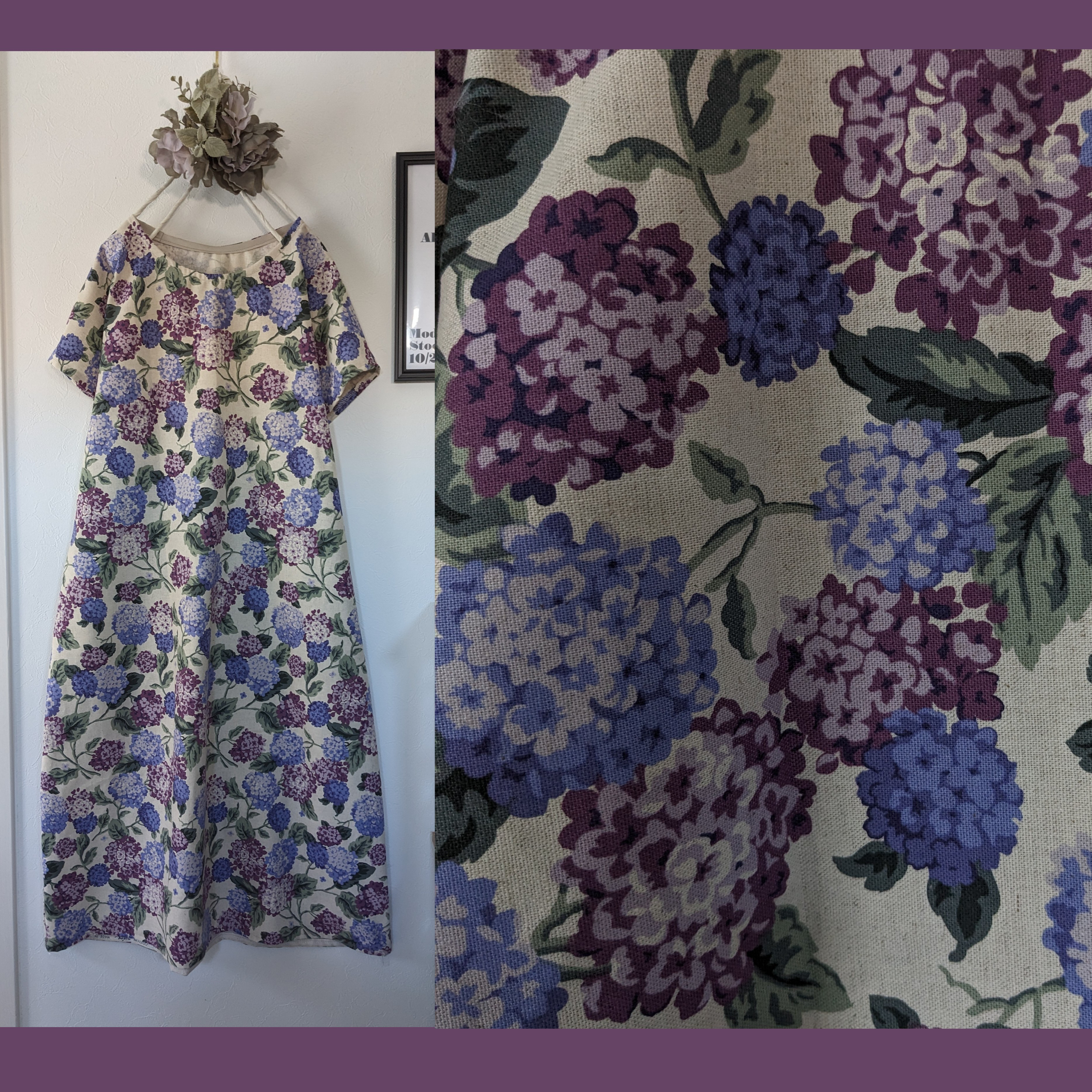 ♡綿麻パープルあじさい柄のワンピース♡紫陽花 半袖 北欧