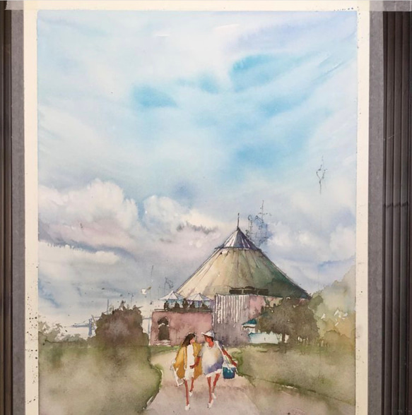 夢の島マリーナ　クラブハウス　ヨットハーバー　カップル　夏　　夏空　水彩画　手描き　原画 4枚目の画像