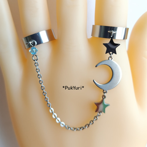 starjewelrygirl ダブルチェーンリング 10 星と月のダブルチェーンリング(ステンレス) 指輪・リング ぷきゅり