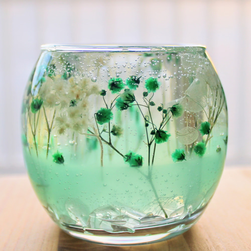 水晶とドライフラワーの浄化ジェルキャンドルホルダー（グリーン