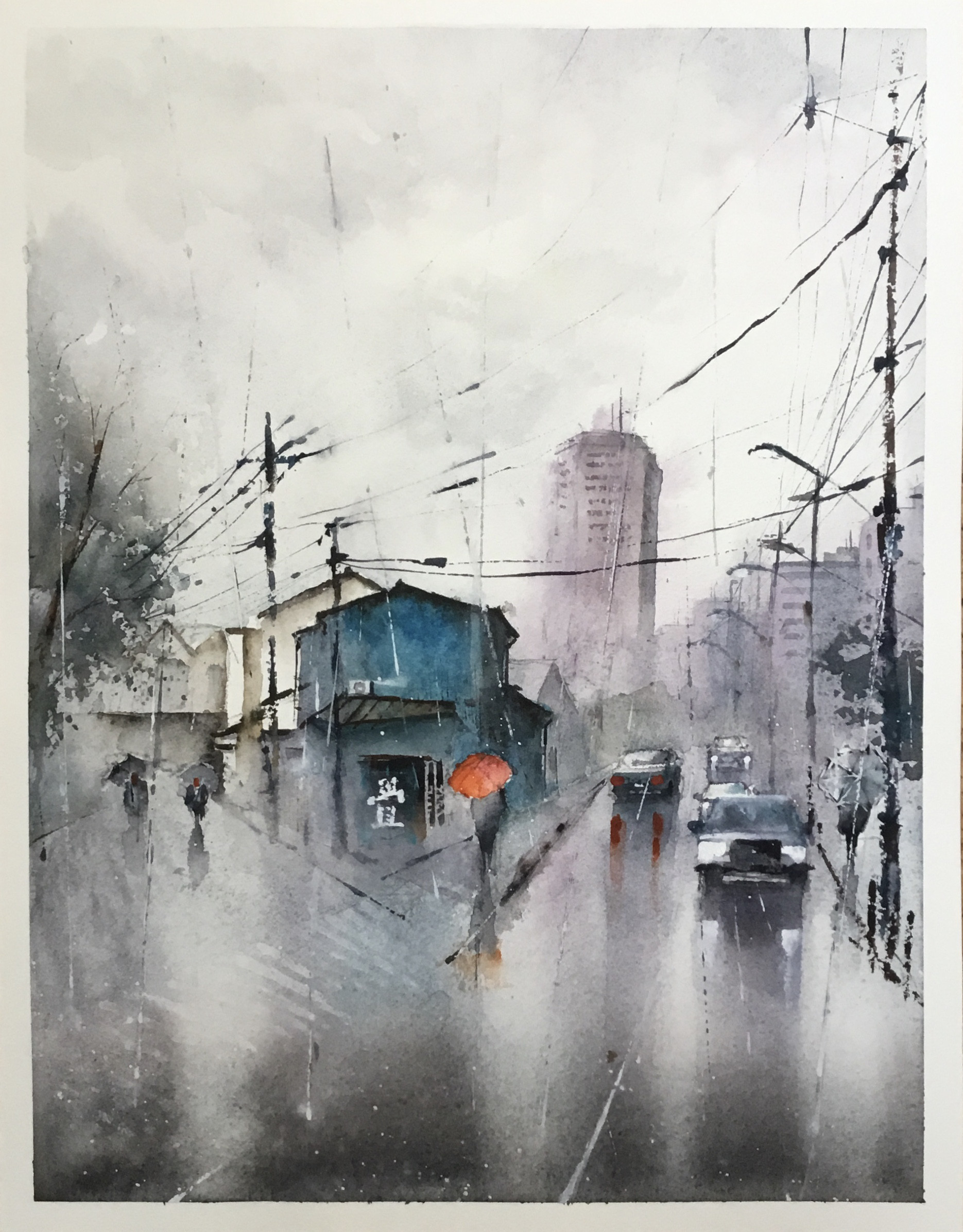 雨の石神井 青の家屋 雨 傘 車 電線 電柱 水彩画 手描き 原画 絵画