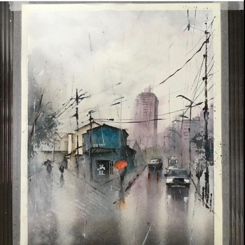 雨の石神井 青の家屋 雨 傘 車 電線 電柱 水彩画 手描き 原画 絵画