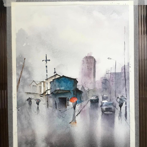 雨の石神井 青の家屋 雨 傘 車 電線 電柱 水彩画 手描き 原画