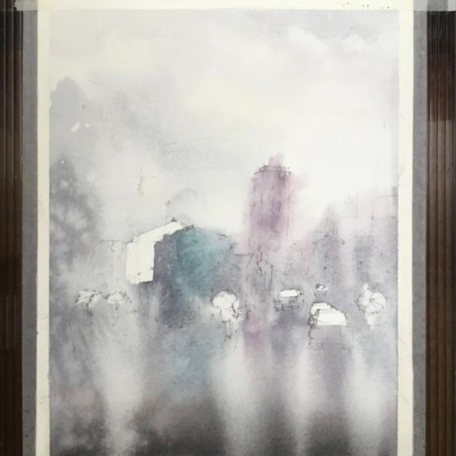 雨の石神井 青の家屋 雨 傘 車 電線 電柱 水彩画 手描き 原画