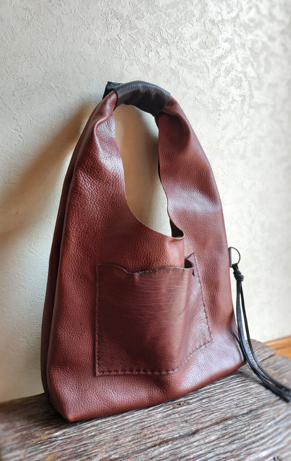 one shoulder bag　濃いブラウン✗黒　オイルシュリンクレザー 3枚目の画像