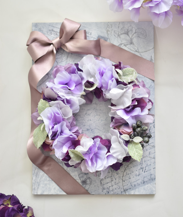 むらさき紫陽花のリース　夏に清々しい色あい＊プレゼントに＊玄関に飾れます 1枚目の画像