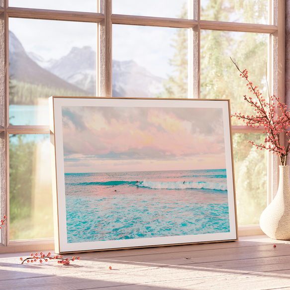 アートポスター 海景画 夕焼け 波 ビーチアート サーフィン パステルピンク リゾート ナチュラルインテリア 5089 3枚目の画像