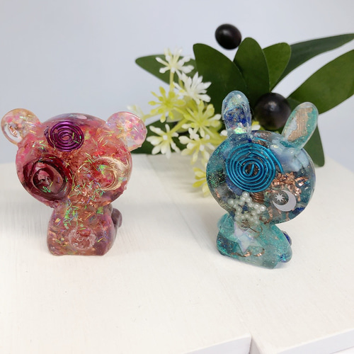 オルゴナイト　くま　のお友達のうさぎカップル♡ 高波動】天然石 置物 オルゴナイト ウサギ クマ 2個セット