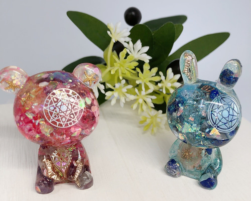 高波動】天然石 置物 オルゴナイト ウサギ クマ 2個セット