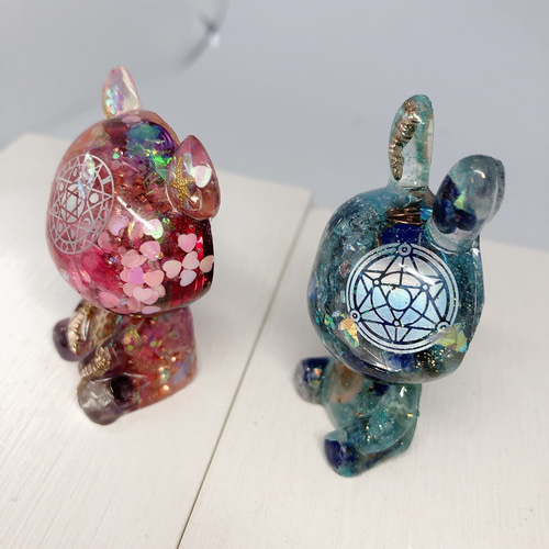 高波動】天然石 置物 オルゴナイト ウサギ クマ 2個セット プレゼント