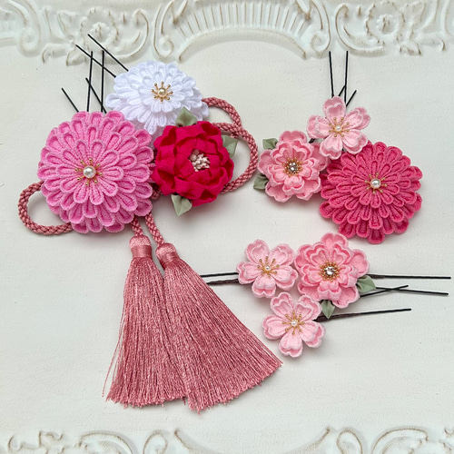 つまみ細工 和装髪飾りUピンセット 【ピンク ローズ 桜色】成人式 卒業  