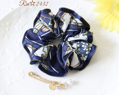 くにちゃん　エルメス シルク リボン付きシュシュ ネイビー TRESSE シルクリボンシュシュ|ANAYI OFFICIAL ONLINE STORE