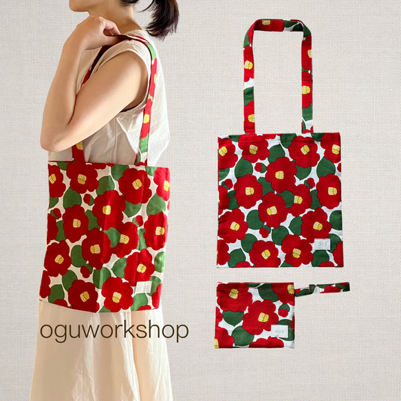 送料無料】花柄綿麻キャンバストートーバッグ☆つばき☆椿☆エコバッグ