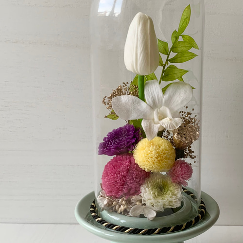 OPPG-001 <仏花>ガラスドームのお供え用プリザーブドフラワーアレンジ