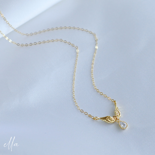 【ALDO】14kプレート 輝くジルコニア Angels 天使の羽 フープ 誕生石ハートシルバーネックレス｜天使の卵 輝く天使の羽