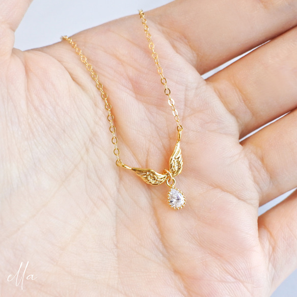 再販　天使の翼 ネックレス　羽根　翼　羽　鳥　天使　小鳥　ゴールドフィルド　14kgf　ジルコニア　フェザー　ウィング 9枚目の画像