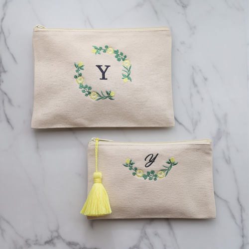 フルーツ刺繍フラットポーチmini ミニポーチ｜選べるタッセル｜北欧風