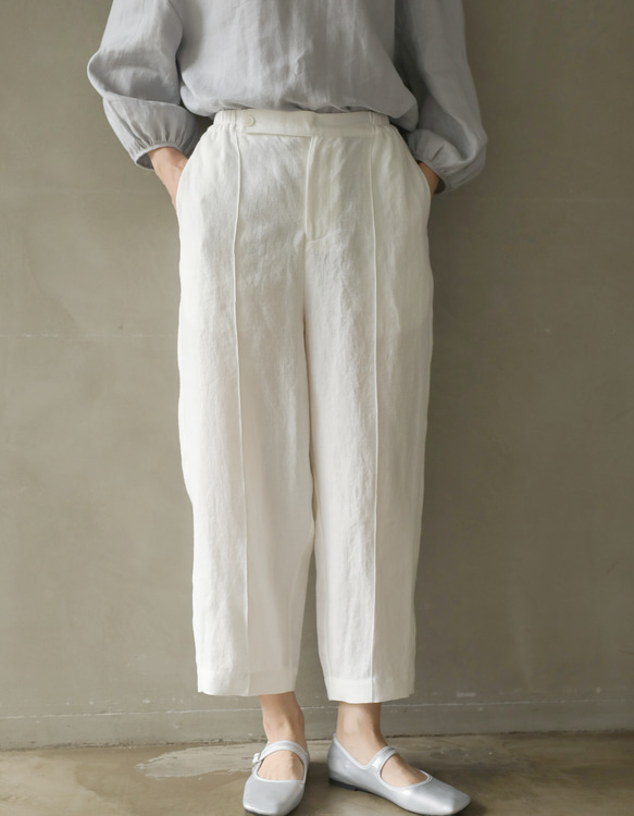 優質亞麻錐形褲，既美麗又輕鬆 100%亞麻白 230709-1 第3張的照片