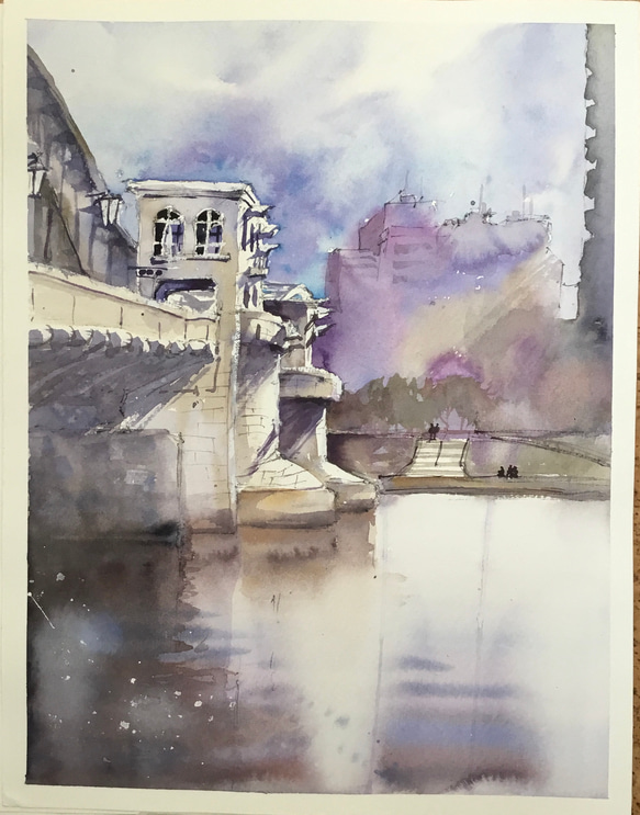 勝鬨橋 隅田川 東京 中央区 川 橋 空 水彩画 手描き 原画 絵画