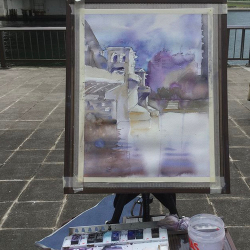 勝鬨橋 隅田川 東京 中央区 川 橋 空 水彩画 手描き 原画 絵画