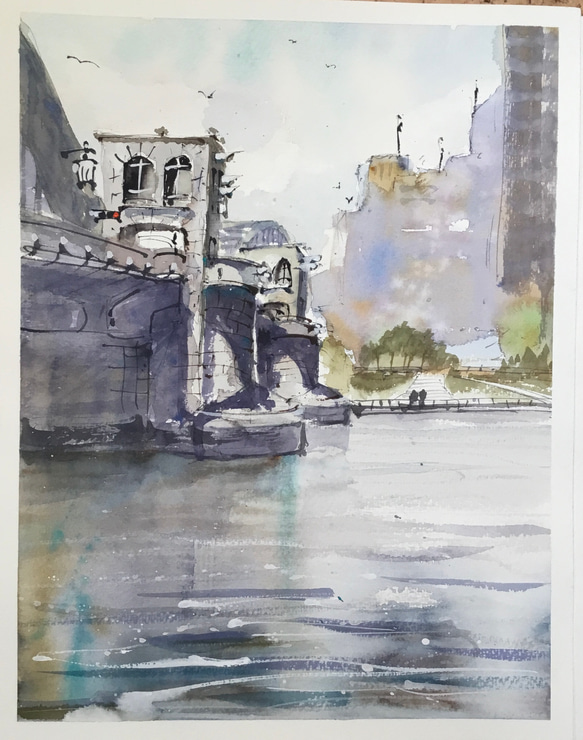 勝鬨橋 隅田川 東京 中央区 川 橋 空 水彩画 手描き 原画 絵画