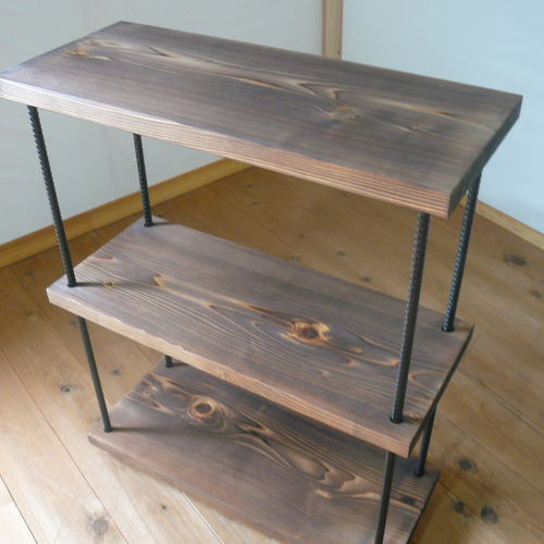 天然木とアイアンのカフェ風3段ラック 奥行25㎝ コンパクト