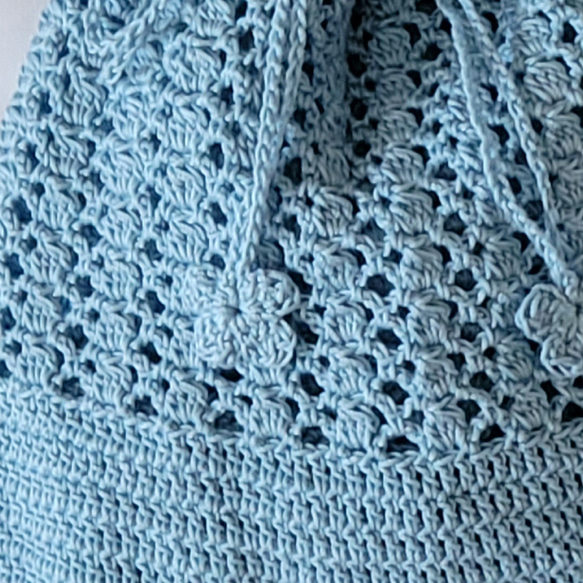 レース編みの柄編み巾着袋♪(ブルー) 2枚目の画像