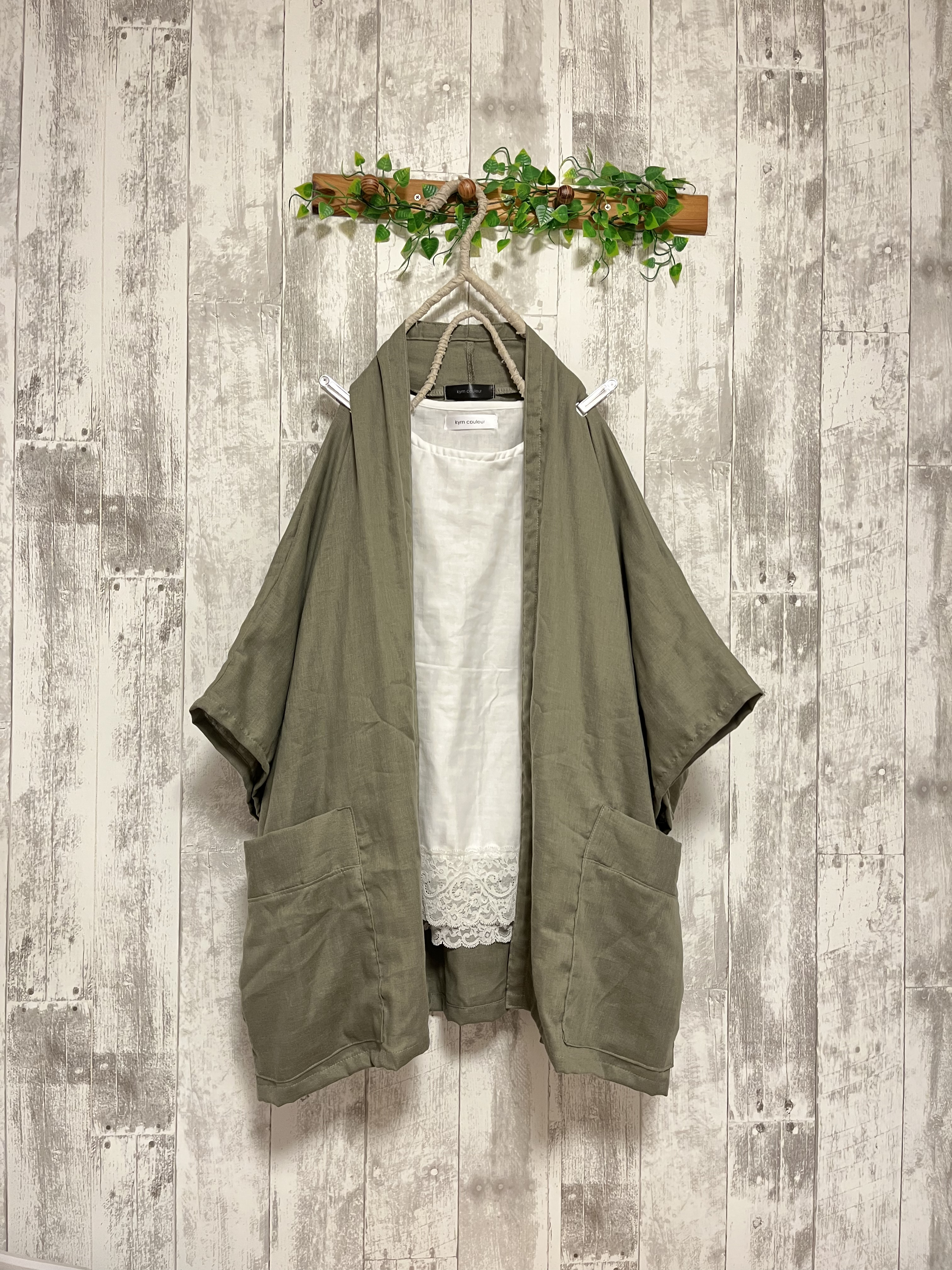 夏アンティークグリーンダブルガーゼドルマンゆったり5分袖ローブカーディガン