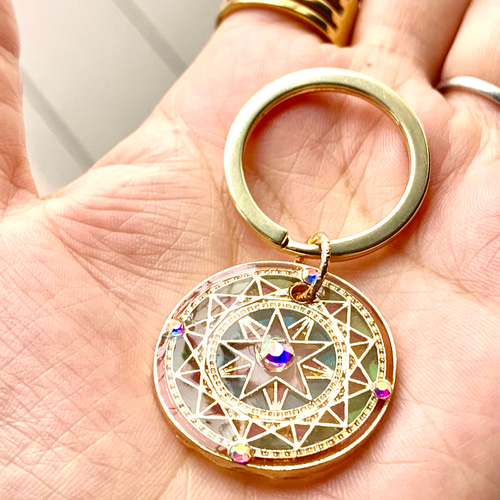 ステンドグラス風 キーリング キーホルダー 魔法陣 星 キーホルダー 蓮