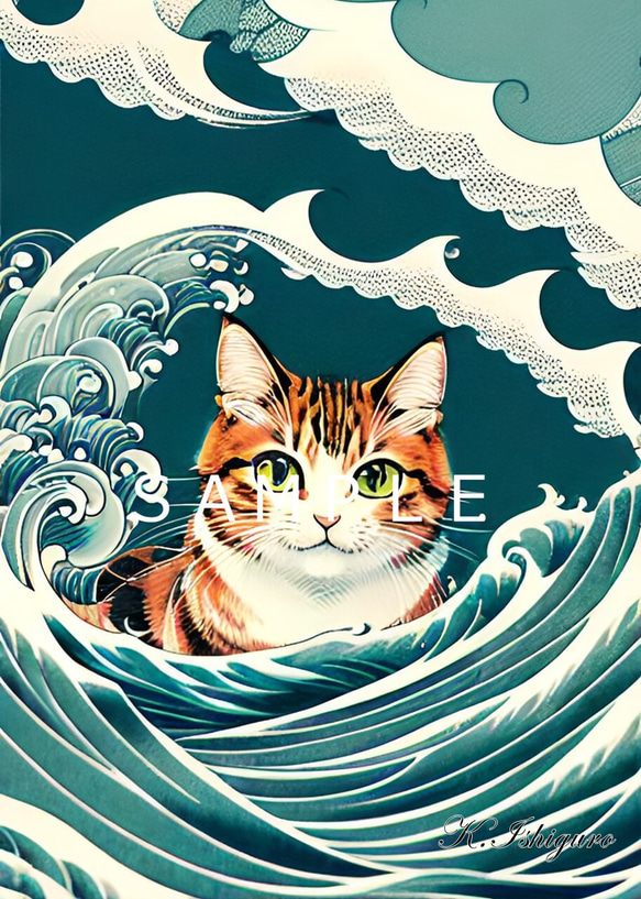 猫と波(新浮世絵画)A4額付き　№s-2026 1枚目の画像
