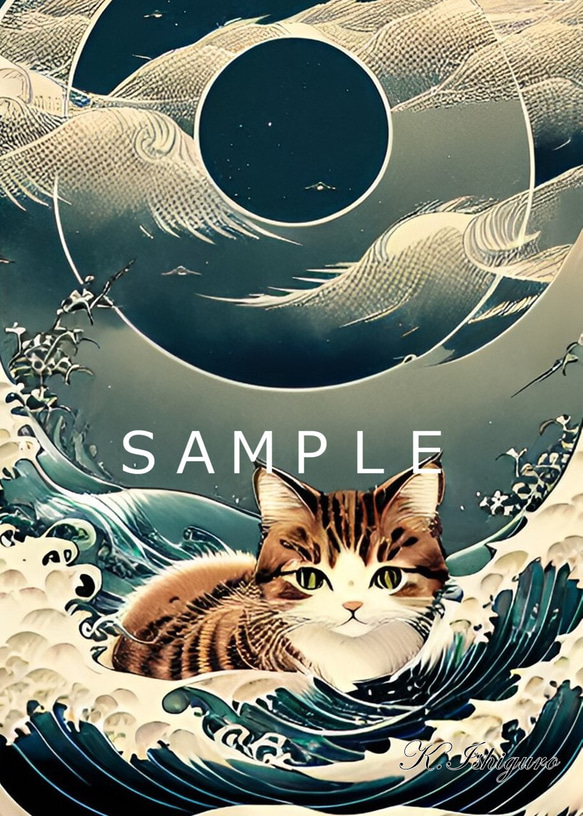 猫と波(新浮世絵画)A4 №s-2028 絵画 shizennokaze 通販 16292782