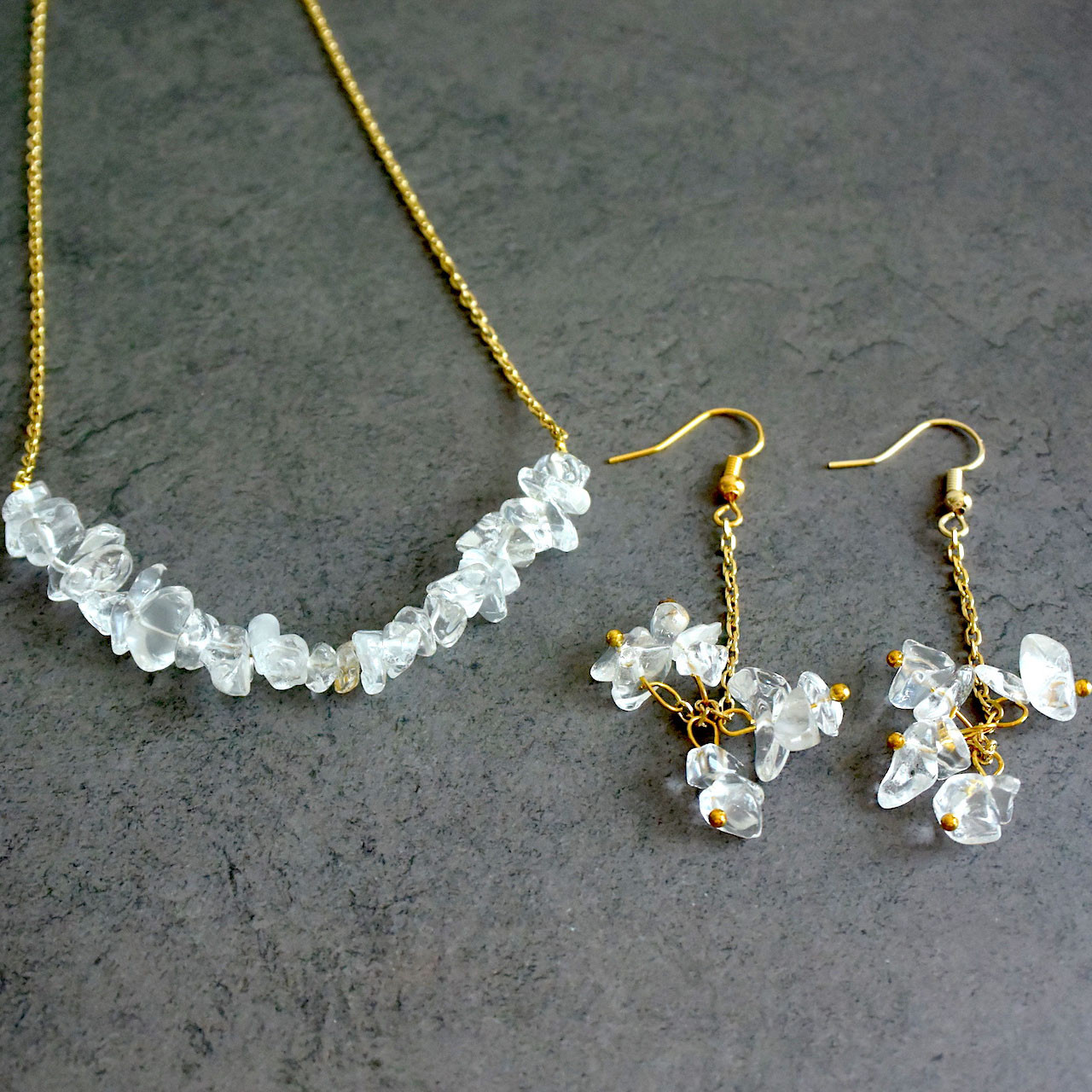 夏の福袋 クリスタルクォーツのピアス＆ネックレスセット ゴールド