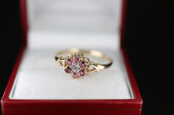 英国 ビンテージ イギリス ゴールド 指輪 天然 ピンク トルマリン ダイアモンド375 レディース 鑑定書 J114 1枚目の画像