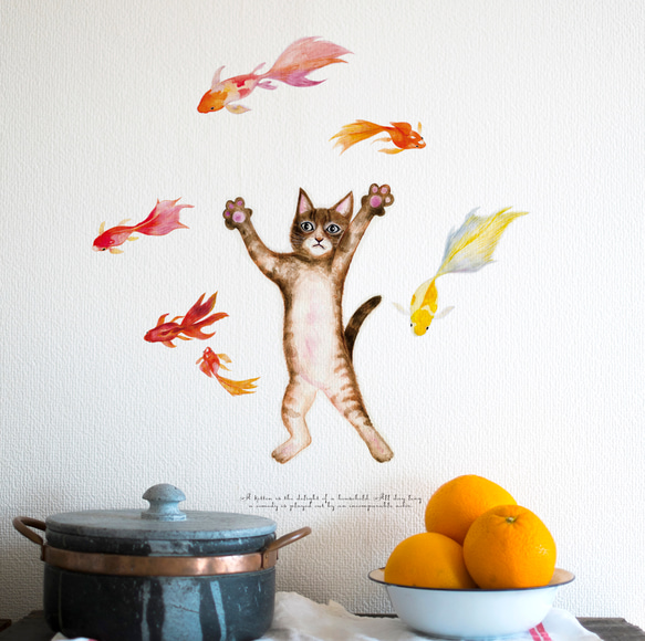 『子猫と金魚』ウォールステッカー　※テカリなし・水濡れ・凹凸の壁OK 5枚目の画像