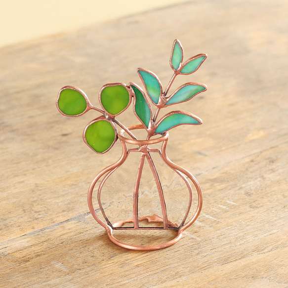 リーフグリーンのフラワーベース （銅ベース） ステンドグラス アート