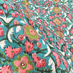 【50cm單位】藍綠粉紅綠花印度手工塊印花布料棉質 第6張的照片