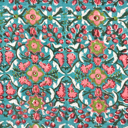 【50cm單位】藍綠粉紅綠花印度手工塊印花布料棉質 第3張的照片