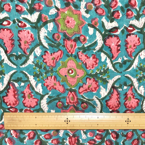 【50cm單位】藍綠粉紅綠花印度手工塊印花布料棉質 第7張的照片
